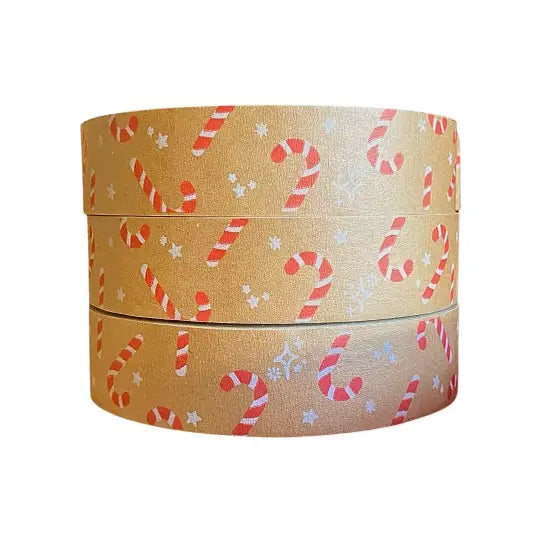 Three roles of Kraft brown and red candy kane tape, 100% recyclable