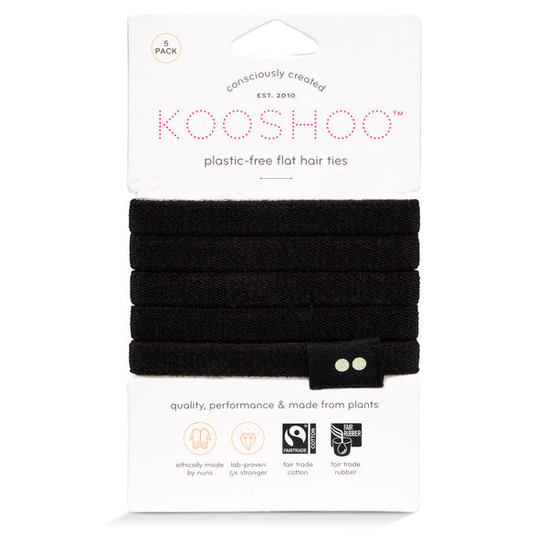 Kooshoo pack of five non-pulling hair ties, made from natural rubber and organic cotton.