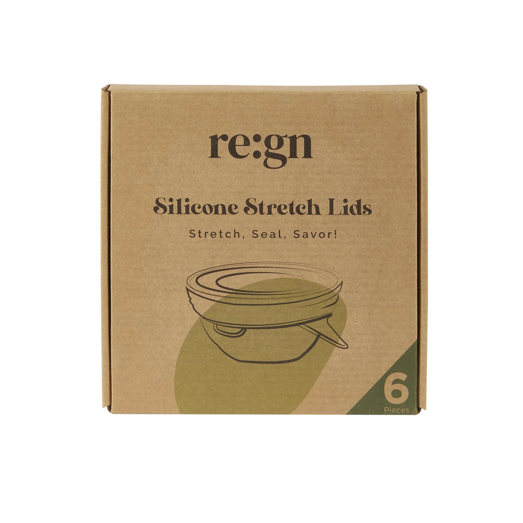 re:gn Silicone Stretch Lids 6 pack, in recyclable cardboard packaging